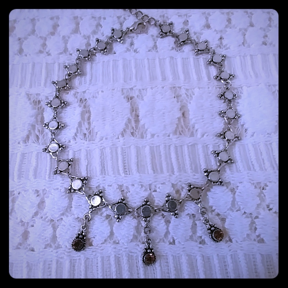 Silver Boho Inspired Brown Diamond Drop Choker